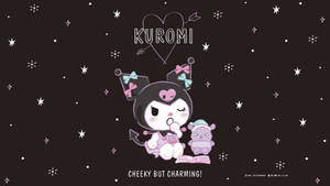 Kuromi 黑色貓咪戴著蝴蝶結，在星空下的小毛絨玩具旁邊拿著一個杯子蛋糕。