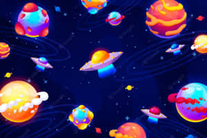 色彩繽紛的卡通行星和UFO漂浮在星光熠熠的太空場景中。