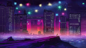 懸崖上的兩個人正在觀看夜間發光的未來城市上空五彩繽紛的煙火。