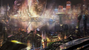 一個人站在玻璃邊緣，俯瞰夜晚發光的未來城市。