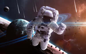 太空人在帶環行星附近的太空中漂浮，遠處可見地球。