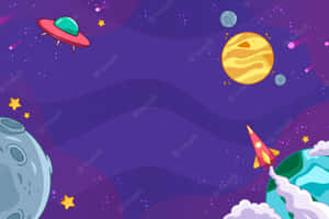一個色彩繽紛的卡通太空場景，有火箭飛船、UFO、行星和星星。