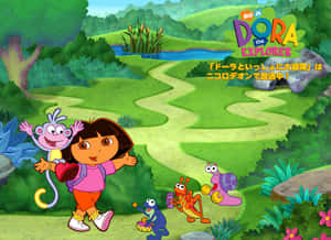 Dora the Explorer 同佢嘅動物朋友探索一條茂密嘅綠色叢林小徑。