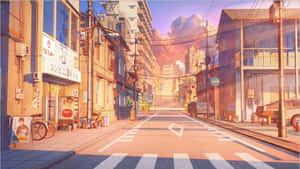 夕陽映照下，一條有商店和單車的寧靜日本街道。