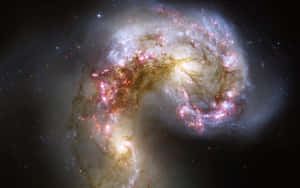 一個充滿活力的螺旋星系，在深空中擁有發光的星團和宇宙塵埃。