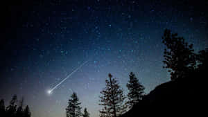 彗星軌跡劃過星空夜空，上方是松樹和山脈。