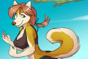 擬人化狐狸女性，有棕色頭髮和尾巴，在戶外微笑。