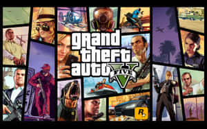 Grand Theft Auto V宣傳拼貼，包含角色、武器和載具。