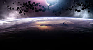 從太空看地球，發光的地平線和漂浮的小行星。