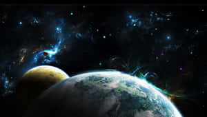 兩個行星在一個充滿星星的星系中運行，伴隨著發光的星雲。 — AMOLED 壁紙