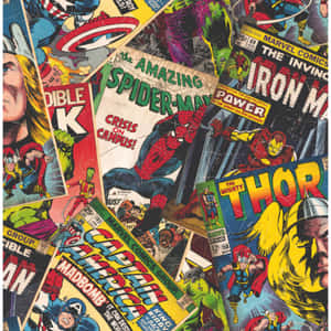 復古Marvel漫畫封面， featuring Spider-Man、Iron Man、Thor 和 Captain America。 — 漫威超級英雄 壁紙