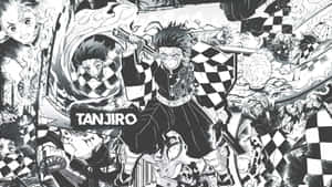 炭治郎在漫畫戰鬥場景中，帶有棋盤格圖案和多個角色。