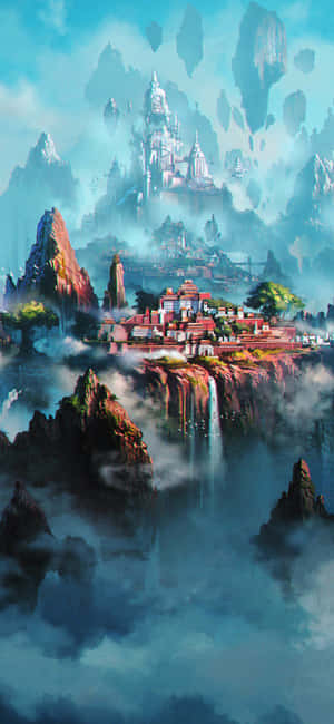 雲端之上的浮空城堡和村莊，瀑布和霧氣繚繞的山巒。