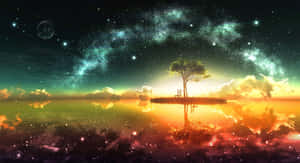 在繁星點點的宇宙天空下，一座浮島上的一棵孤樹，帶有生動的倒影。