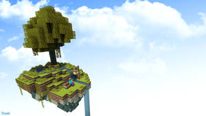 一個Minecraft玩家在浮島的樹下休息，地形分層，天空明亮。