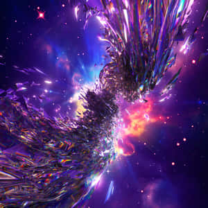 水晶碎片喺色彩繽紛嘅星雲中爆炸，背景係佈滿星星嘅紫色星系。