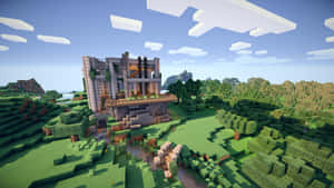 Minecraft房屋在長滿草的丘陵上，有樹木和雲朵