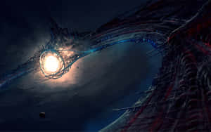 未來太空站圍繞著一顆明亮的恆星運行，在深空中閃爍著霓虹燈光。