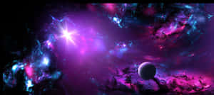 一個發光的紫色和藍綠色星雲，在太空中有一顆明亮的恆星和一顆行星。