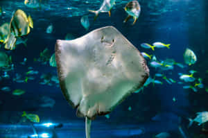 一條斑點鰩魚在藍色水族箱中與熱帶魚一同游泳。 — 水下 壁紙