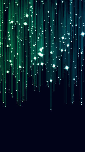 綠色發光光纖束，閃爍的星星在黑暗背景上落下。