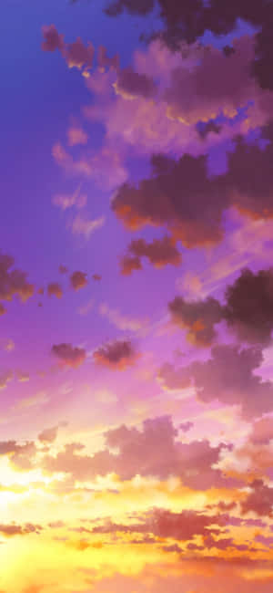 充滿活力的動漫風格日落天空，帶有紫色、粉紅色和橙色的雲朵。 — 粉紅動漫美學 壁紙