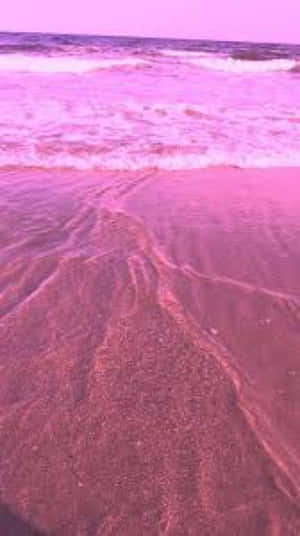 粉紅色的海浪沖刷著黃昏的沙灘。