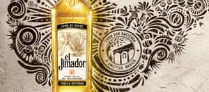 El Jimador 龍舌蘭酒瓶，帶有紋理的牆壁上裝飾著墨西哥圖案。