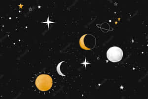 水彩夜空中的天體，包括太陽、月亮、行星和星星。