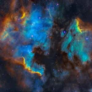 色彩繽紛的宇宙星雲，帶有發光的氣體雲和散落的恆星，在深邃太空中。