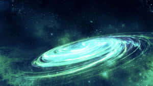 一個發光的青綠色螺旋星系在佈滿星空的宇宙虛空中，伴隨著星雲。