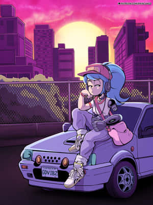 藍髮戴耳機的動漫女孩坐在日落城市的紫色汽車上。