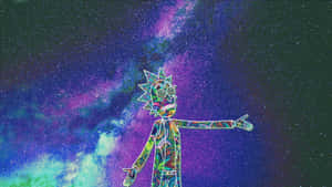 Rick Sanchez 穿著彩色圖案西裝，背景為宇宙星雲