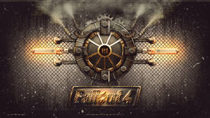 Fallout 4 保險庫門，帶有發光的管道和煙霧，背景是深色網格。