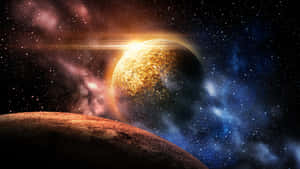 一顆行星在深空中圍繞著一顆明亮的恆星運行，周圍是色彩繽紛的星雲和星星。