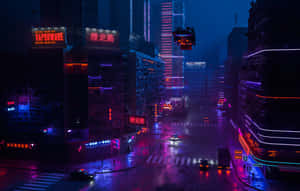 未來主義的夜晚街道，霓虹燈和漂浮汽車。