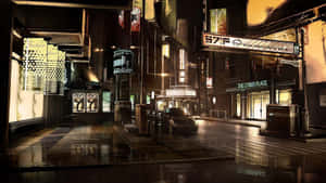 未來城市夜晚的街道，霓虹燈招牌和濕漉漉人行道上的倒影。
