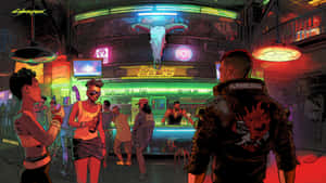 Cyberpunk 酒吧，霓虹燈和顧客在發光的公牛頭骨下跳舞。