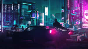 一個人在夜晚駕駛一輛發光的汽車穿過霓虹燈照亮未來城市。