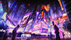 未來城市夜景，霓虹燈閃爍，下方有人行走。