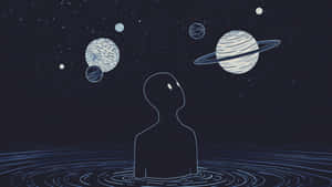 一個人在水中仰望漂浮的行星和星星。