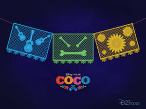 為電影《Coco》設計的色彩繽紛 papel picado 橫幅，上面有結他、骨頭和向日葵。
