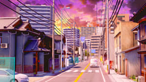 夕陽下的動漫風格城市街道，有傳統和現代建築，以及一輛行駛在路上的貨車。