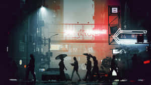 撐著雨傘嘅人喺夜晚穿過雨夜霓虹燈照亮嘅城市街道。