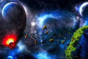 宇宙場景，色彩繽紛的行星和充滿小行星的發光星雲。