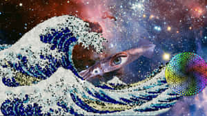星空中的眼睛魷魚和幾何球體伴隨的宇宙波浪。