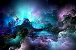 色彩繽紛的宇宙星雲，在太空中旋轉著青紫和藍色的雲層。