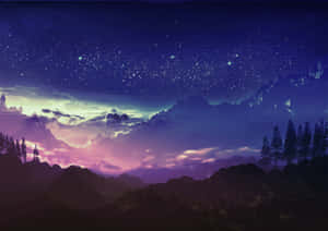 繁星點點的夜空，山巒上有發光的雲朵和松樹。