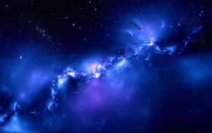 深空中帶有星星和太空船的鮮豔藍色和紫色星雲。 — 美學 壁紙