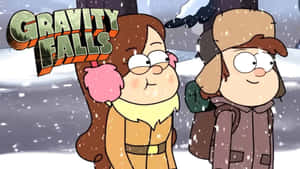 兩個卡通角色穿著冬季裝備站在雪中，帶有 Gravity Falls 標誌。